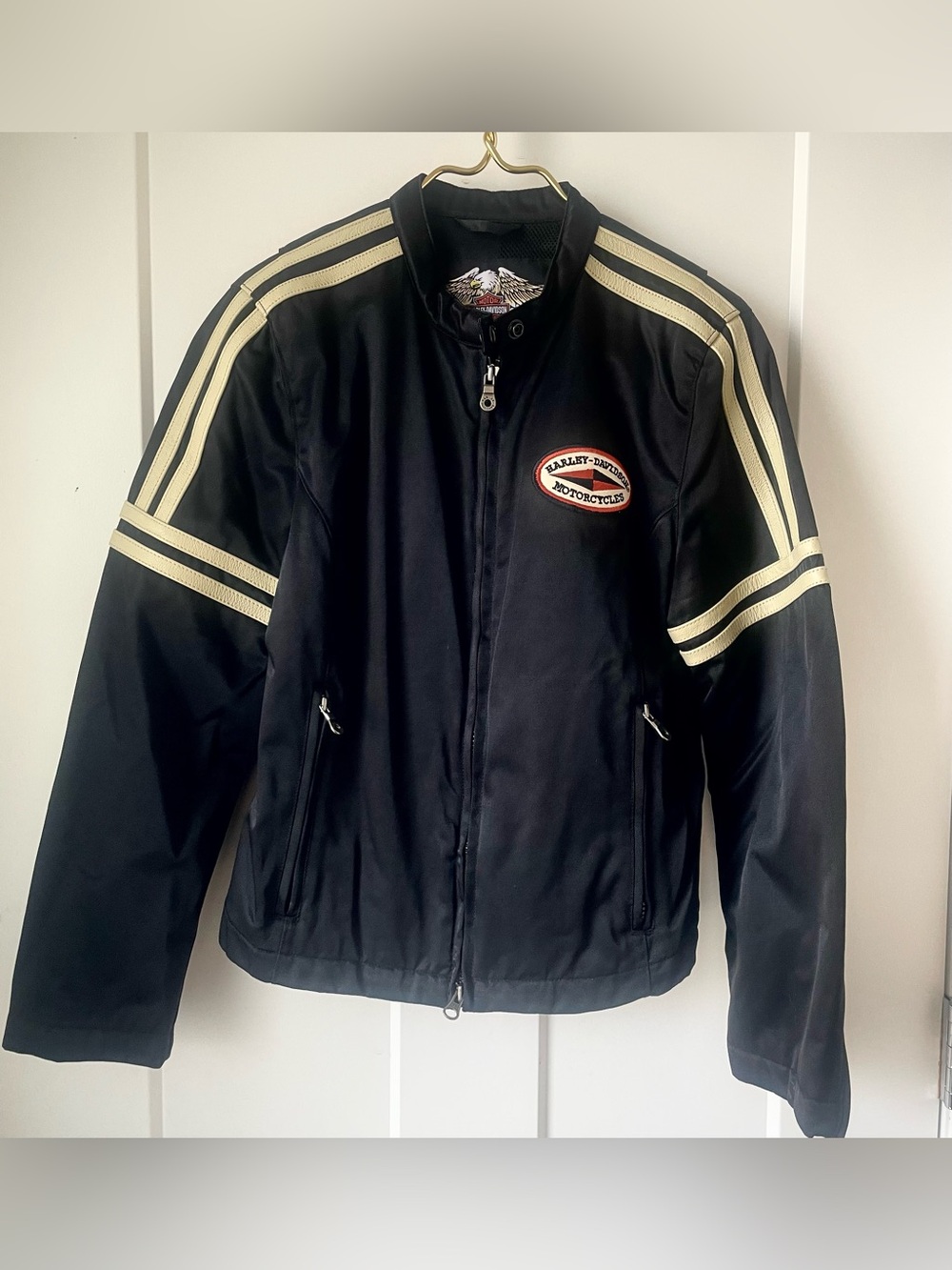 Harley-Davidson Women’s Moto Jacket M Black Leather Trim Racing Stripe Zip - Picture 3 of 13